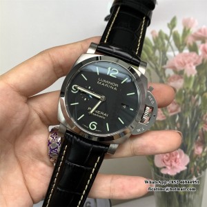 VSF P9000 PAM312 44mm Luminor Black Dial Black Leather Strap - Image 8