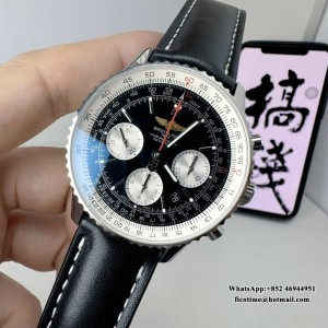 BLSF A7750 Breitling Chrono 43mm NAVITIMER B01 Black/White Dial Black Leather Strap - Image 6
