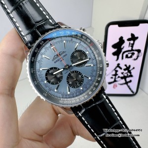 BLSF A7750 Breitling Chrono 43mm NAVITIMER B01 Ice Blue/Black Dial Black Leather Strap - Image 2