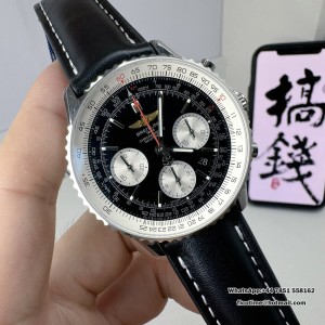 BLSF A7750 Breitling Chrono 43mm NAVITIMER B01 Black/White Dial Black Leather Strap - Image 6