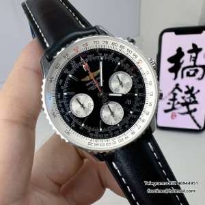 BLSF A7750 Breitling Chrono 43mm NAVITIMER B01 Black/White Dial Black Leather Strap - Image 6
